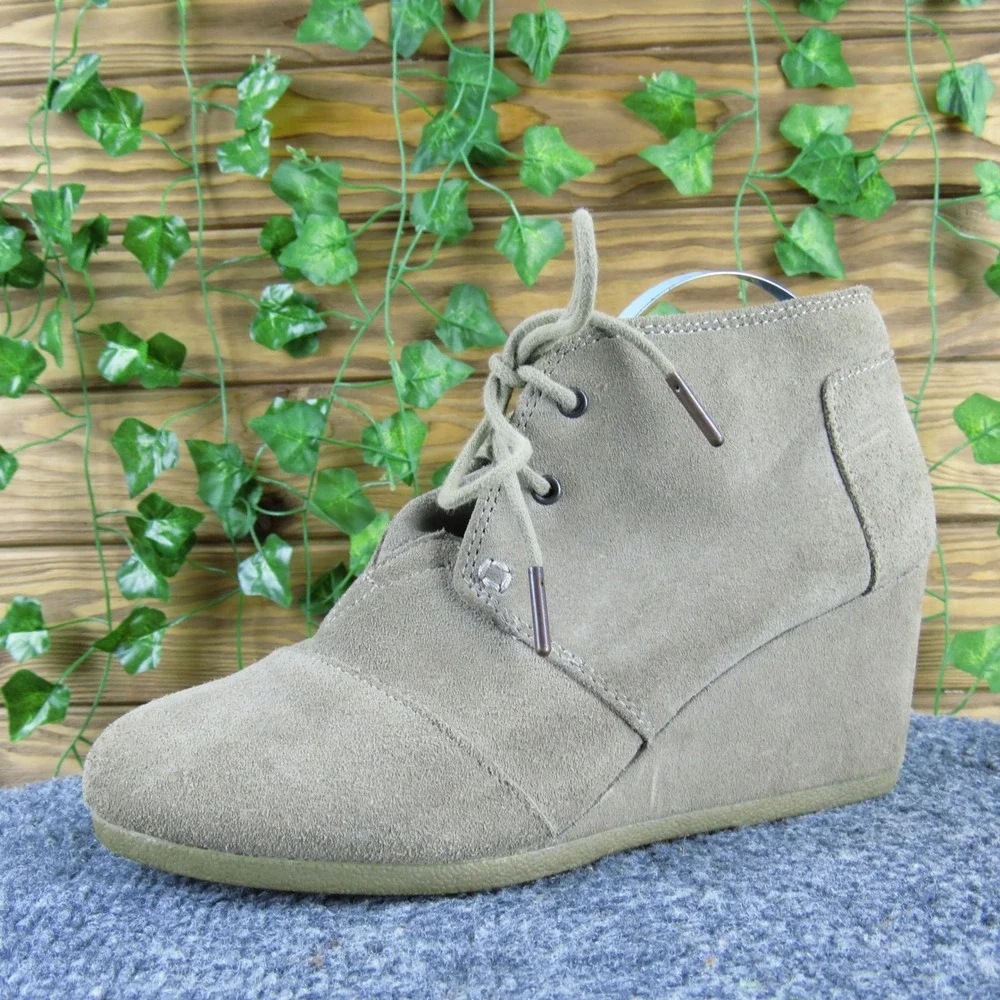 TOMS Suede Wedge Ankle Booties Lace‎ Up Shoes Casual Comfortable Fashion 8 Med
